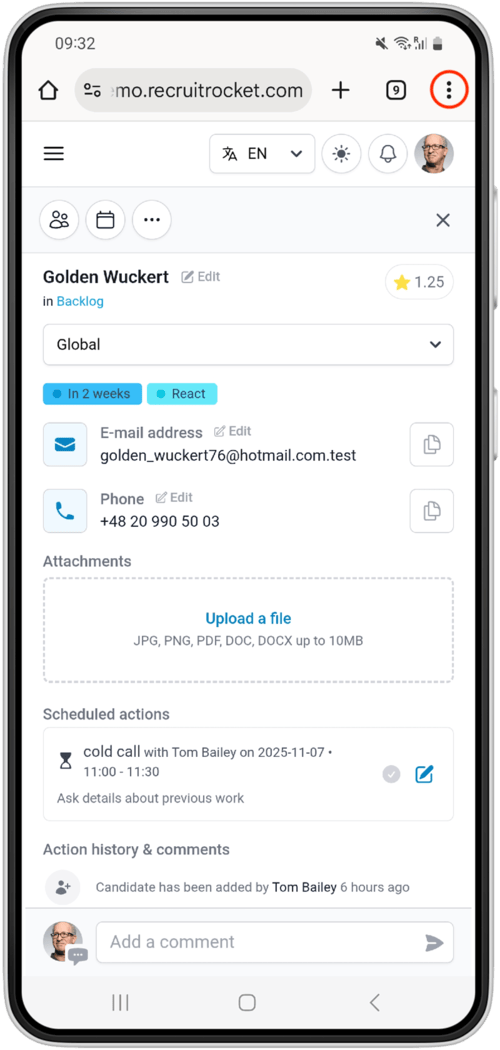 Screenshot of the website in Chrome with 3 dots button at the top right highlighted