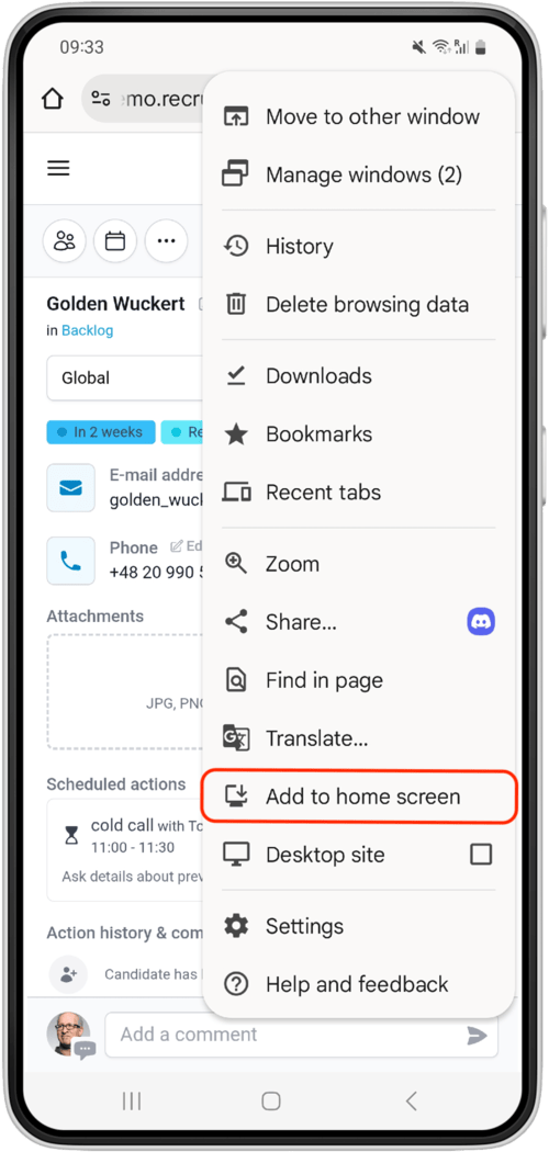 Screenshot of the website in Chrome with menu expanded and the "Add to home screen" button highlighted