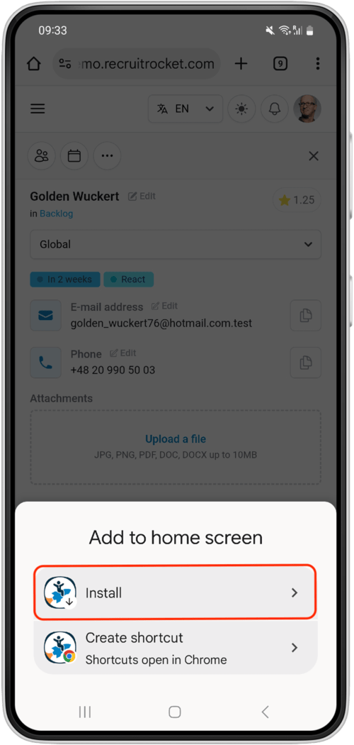 The Chrome add to home screen screen with the "Install" button highlighted