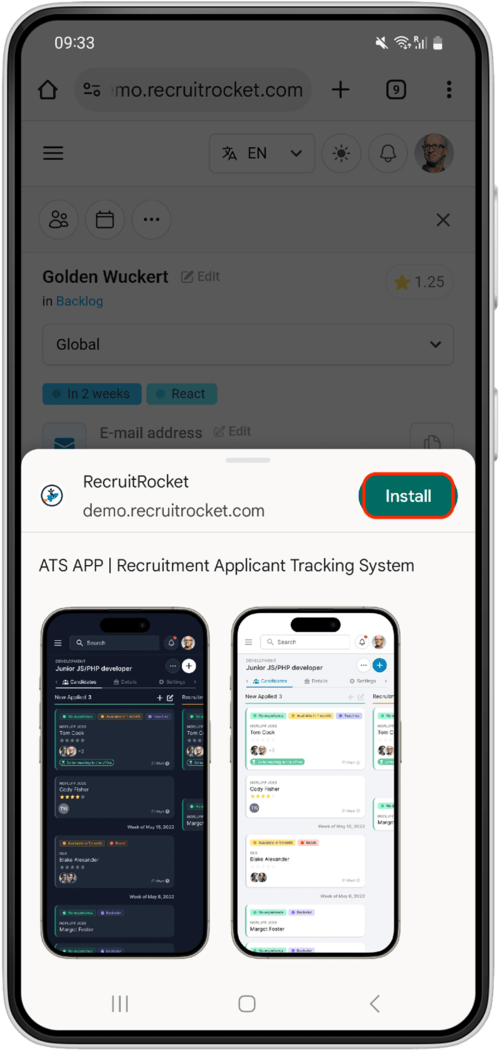 The Chrome "add to home screen" screen with the "Add" button highlighted