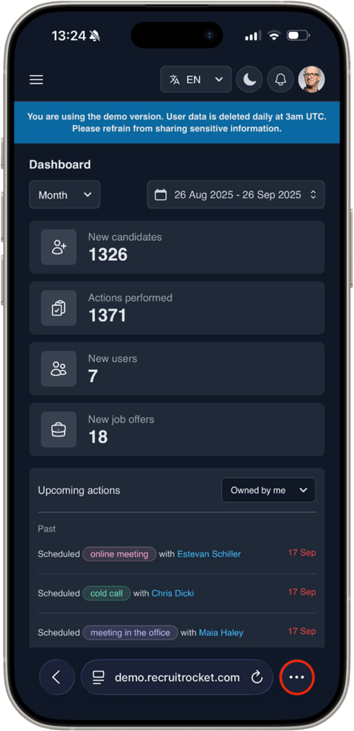 Screenshot of the website in Safari with 3 dots button in the bottom right highlighted