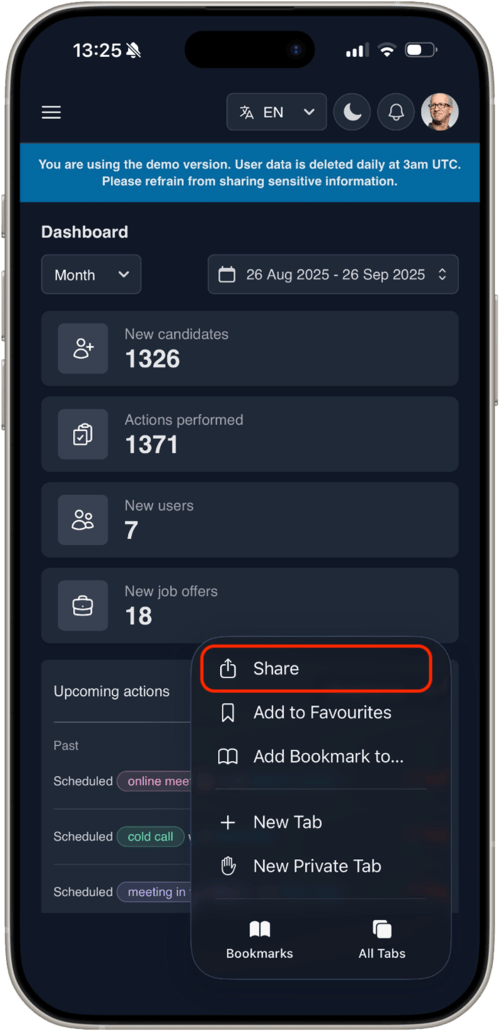 Screenshot of the website in Safari with menu expanded and the "Share" button highlighted