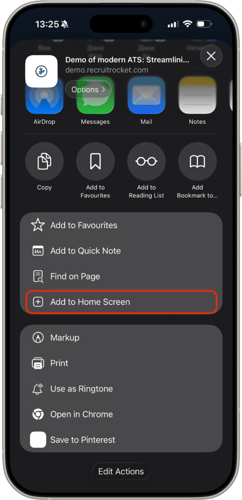 The iOS share menu with the "Add to home screen" button highlighted