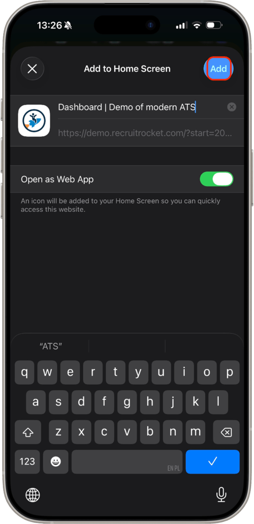 The iOS "add to home screen" screen with the "Add" button highlighted